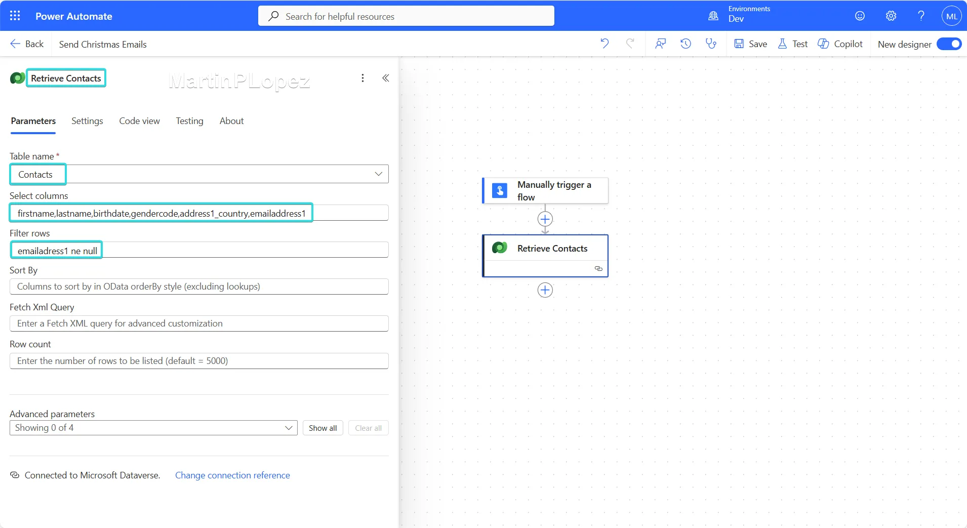 Filling out the Dataverse Action