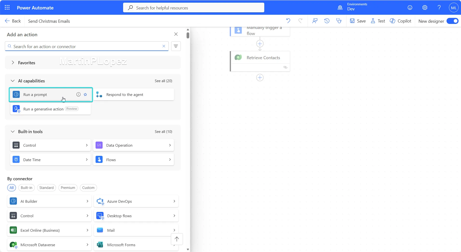 Selecting "Run a Prompt" from Power Automate Actions