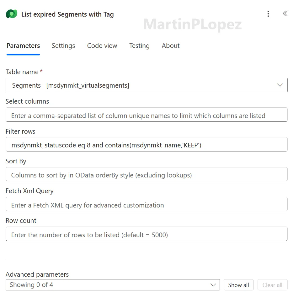 List rows action with the Segments table and OData filter