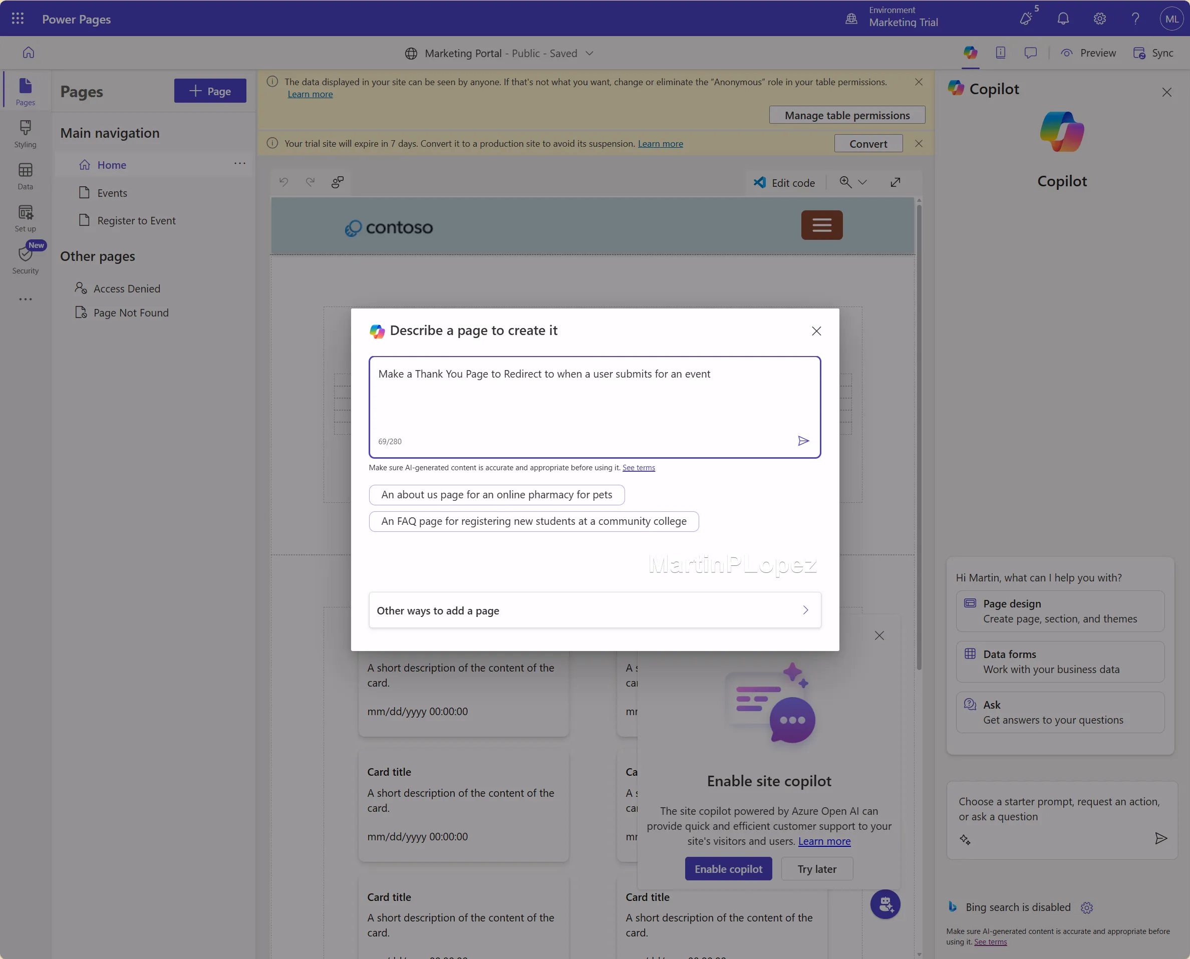 This will open a Copilot option, which I had tried out by writing `Make a Thank You Page to redirect to when a user submits for an event` Vibe Creating a Thank You Page