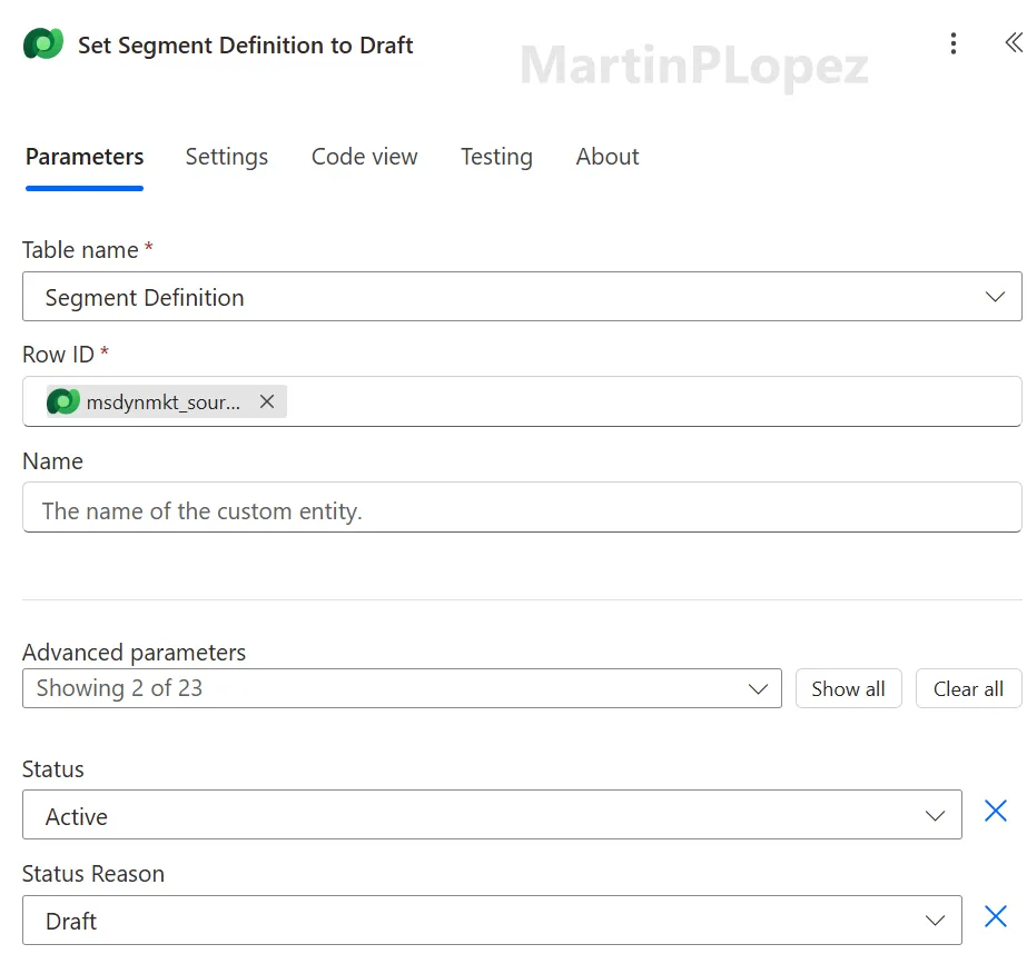 Update a row action setting the segment definition to Draft