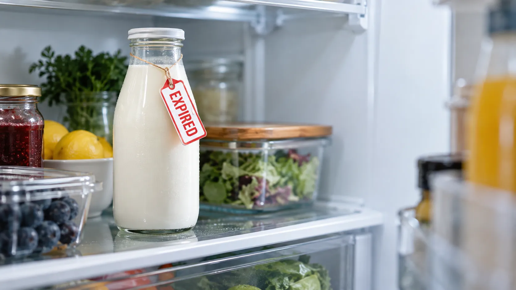 Fresh-looking bottle of milk in a refrigerator with a red-and-white ‘EXPIRED’ tag attached.