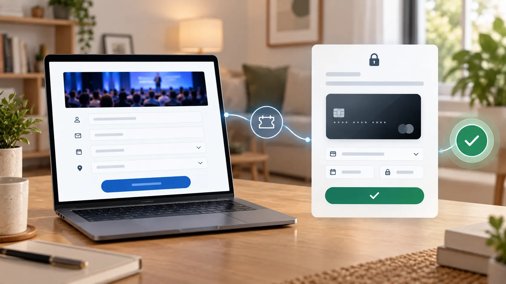 On the left, a modern event registration form displayed on a laptop; on the right, a simple secure checkout interface with a payment card and confirmation checkmark.