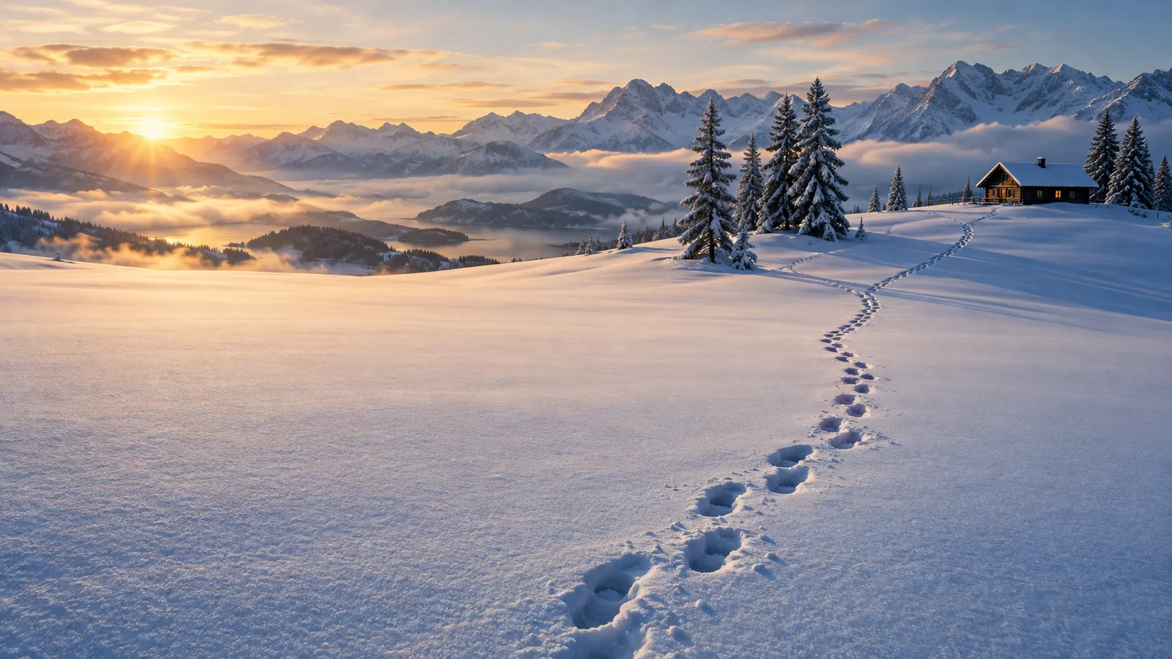 A single trail of human footprints winds elegantly through the untouched white snow, splitting briefly near a group of trees before continuing toward a small cabin in the distance.