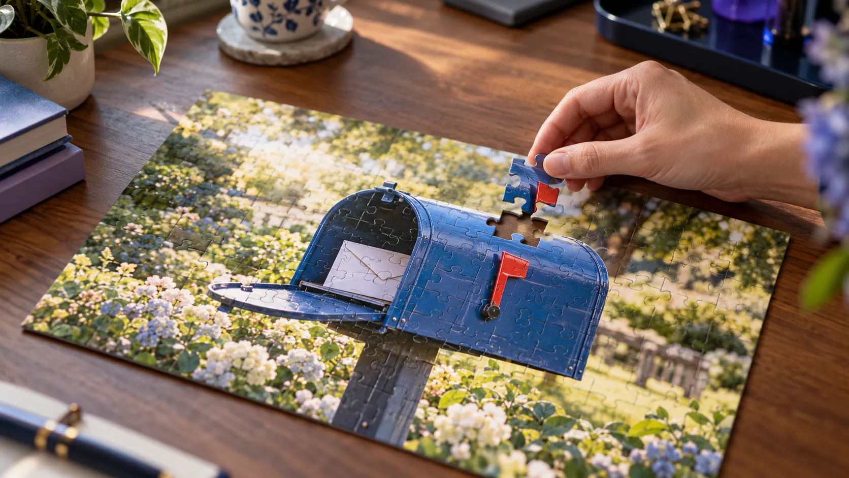 A person completing a jigsaw puzzle on an elegant wooden desk.